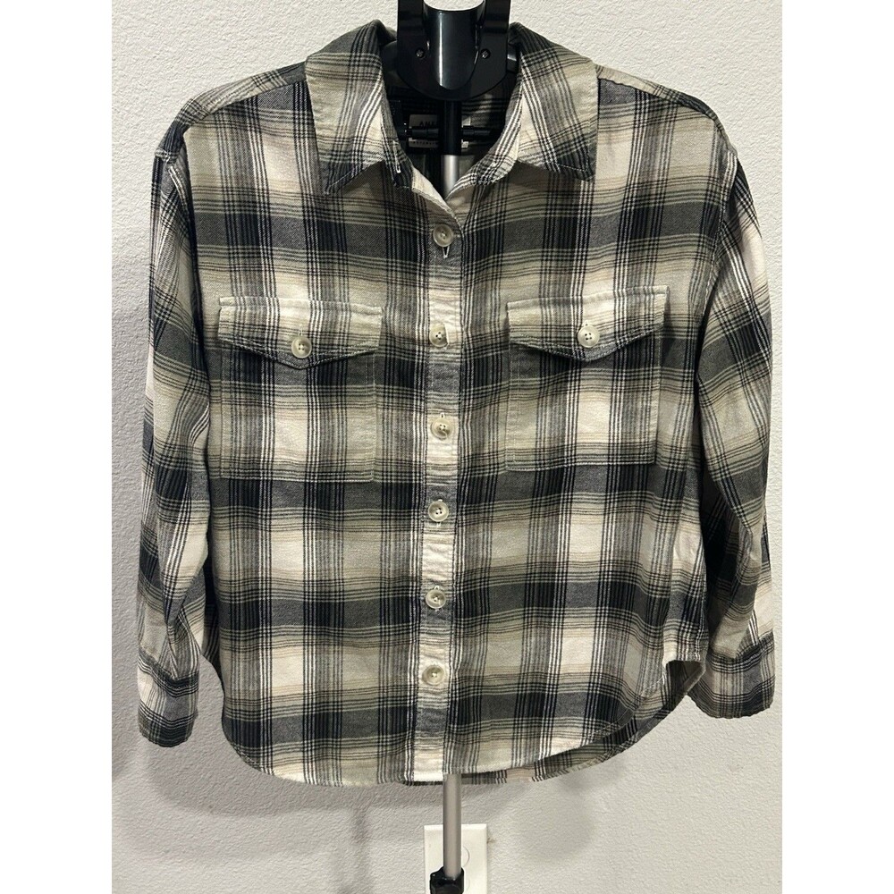 American Eagle Plaid Flannel Button Down Shirt Cropped Sage Green Gray Womens XS